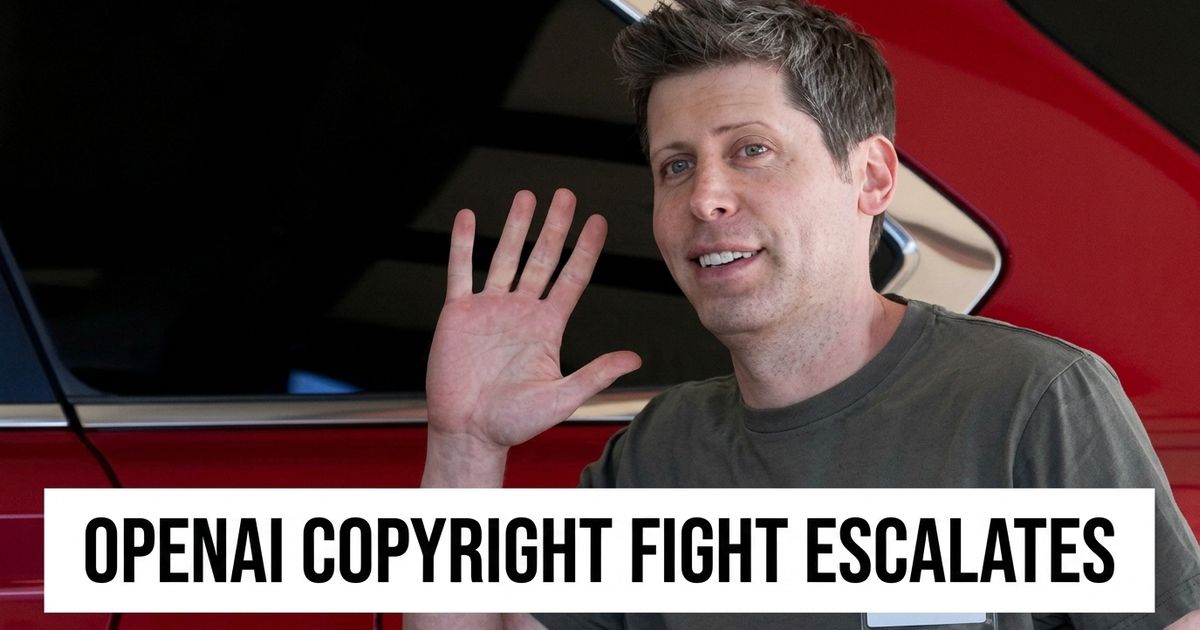 Federal court filings, newsroom monitors and a laptop showing an AI chatbot interface in an AI copyright case.