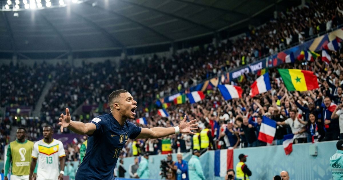 Kylian Mbappé celebrates during France's 3-1 World Cup win over Senegal