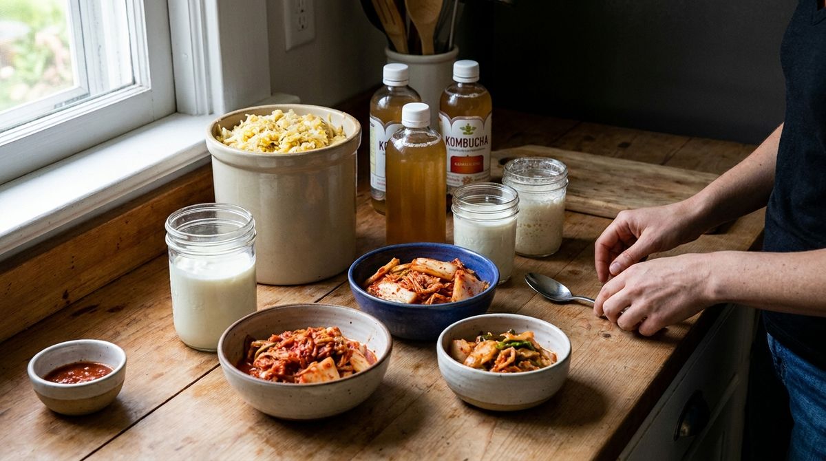 Fermented foods including kimchi, kefir, yogurt and sauerkraut shown together — science confirms their gut microbiome benefits.