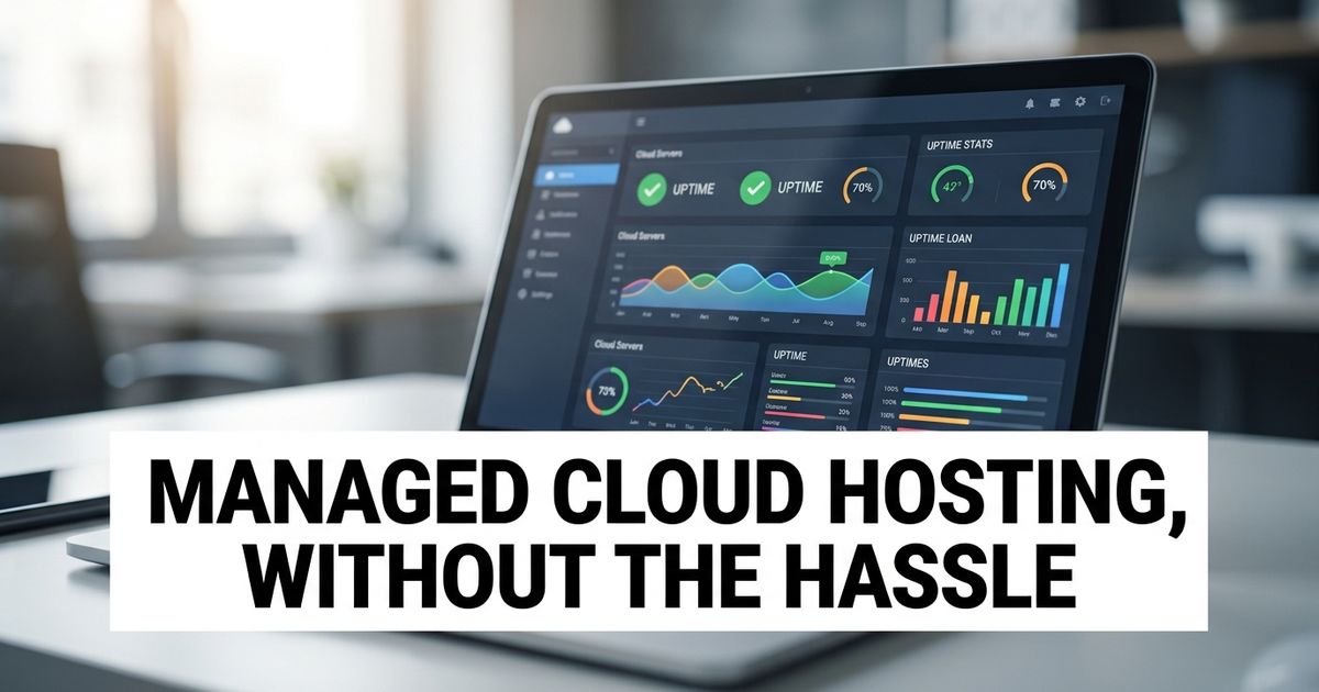 Laptop screen showing an abstract cloud hosting dashboard, representing a Cloudways hosting review