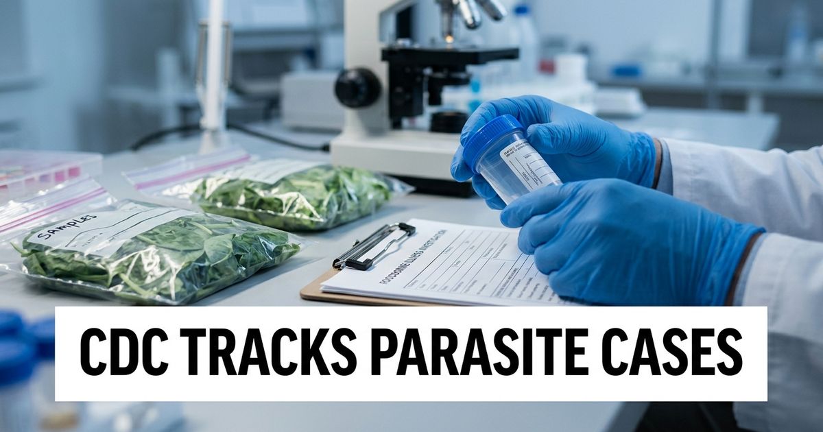 CDC Cyclospora source search shown through a public health lab reviewing produce samples during a foodborne illness investigation.