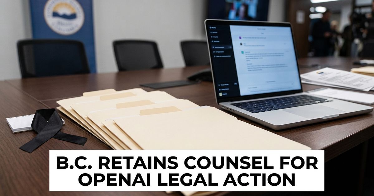 B.C. OpenAI legal action represented by legal files, a blurred AI interface and a memorial ribbon.