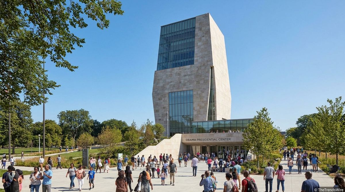 The Obama Presidential Center opens its grand ceremony on June 18 2026 in Chicago's Jackson Park, with three former presidents and a star-studded musical lineup attending.