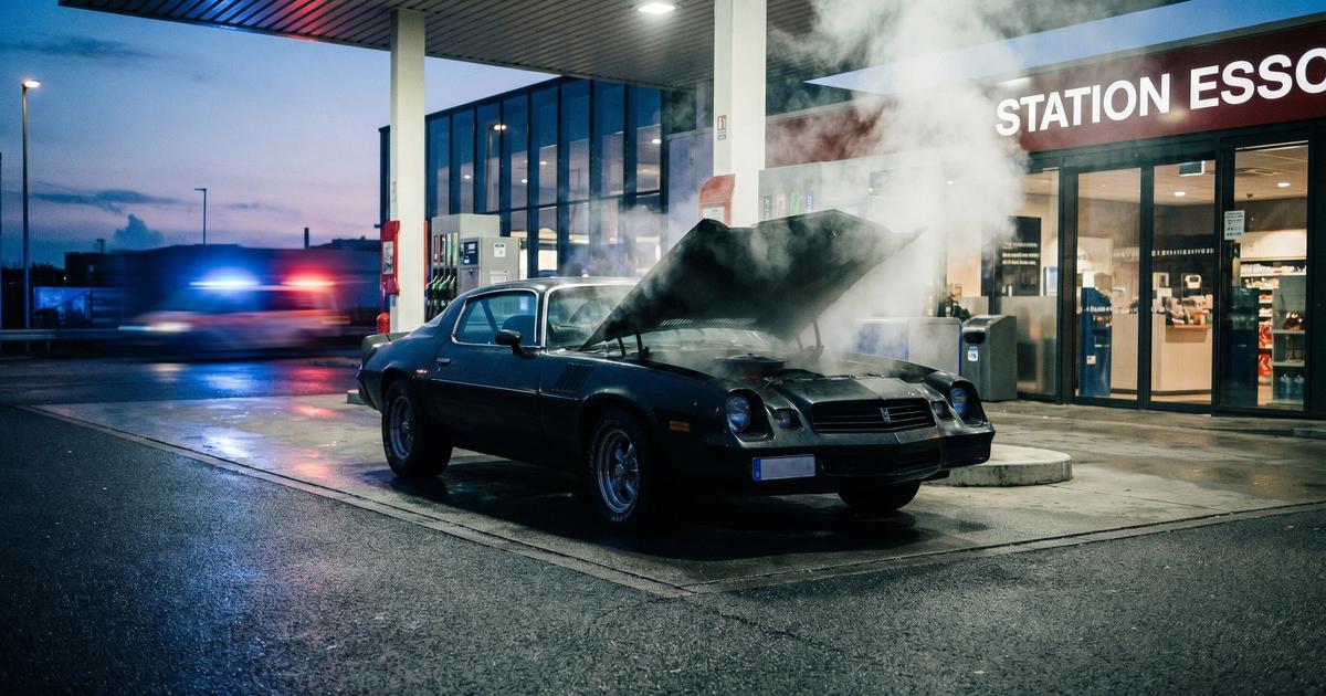 Pontiac Firebird Trans Am suffering significant fire damage at the Abingdon Tesco petrol station in Oxfordshire.