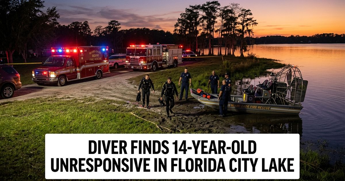 Miami-Dade Fire Rescue responded to a lake near North Redland Road and Northwest 10th Street in Florida City on June 27, 2026, where a diver recovered a 14-year-old who was later pronounced dead. A second 14-year-old was airlifted to hospital in critical condition.