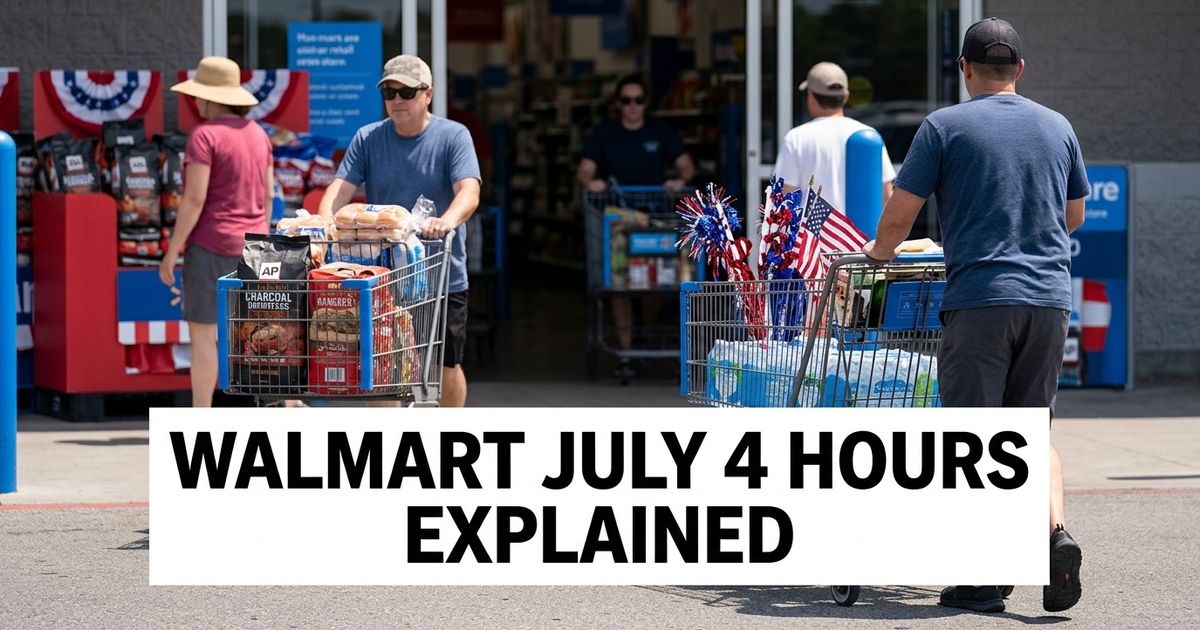 Is Walmart open on 4th of July shown through shoppers entering a big-box store for last-minute holiday items.
