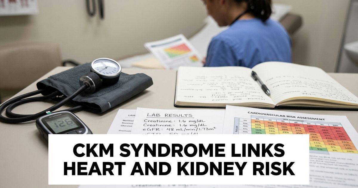 Primary-care desk with blood pressure cuff, kidney lab results, glucose meter and heart-risk chart.