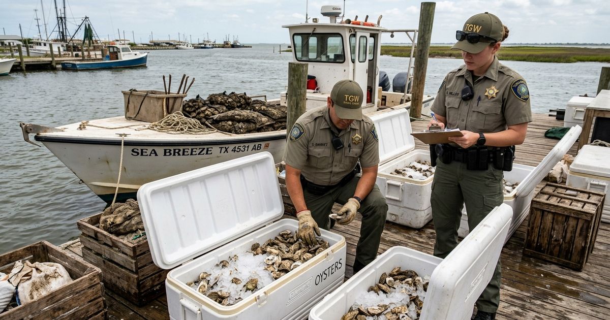 Texas Game Wardens recover nine ice chests of illegally harvested oysters from Christmas Bay in Brazoria County.