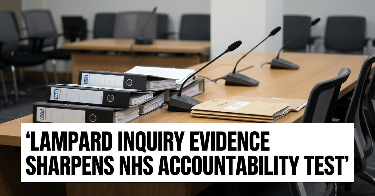 Public inquiry hearing room with NHS document binders, witness folders and microphones.