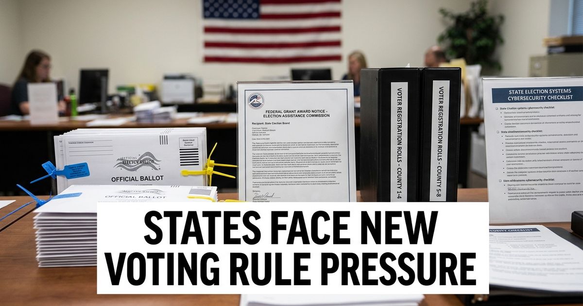 State election office desk with ballots, voter-roll binders, federal grant notice and cybersecurity checklists.