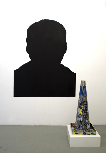 A painting portraying a silhouette of a man and a traffic cone in metal