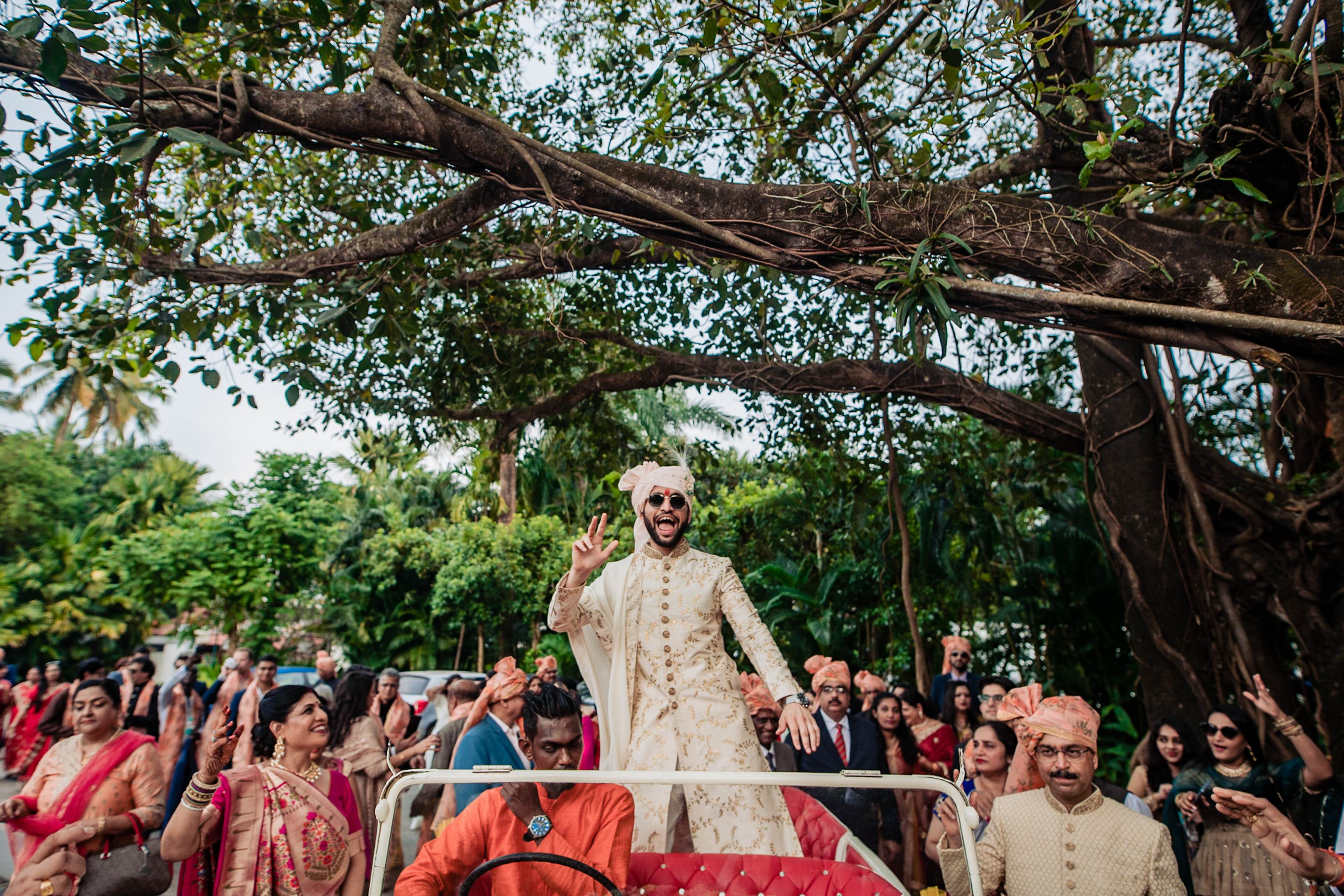 Groom Srikant in cream sherwani waves from vehicle under massive tree branches, guests celebrating in Goa
