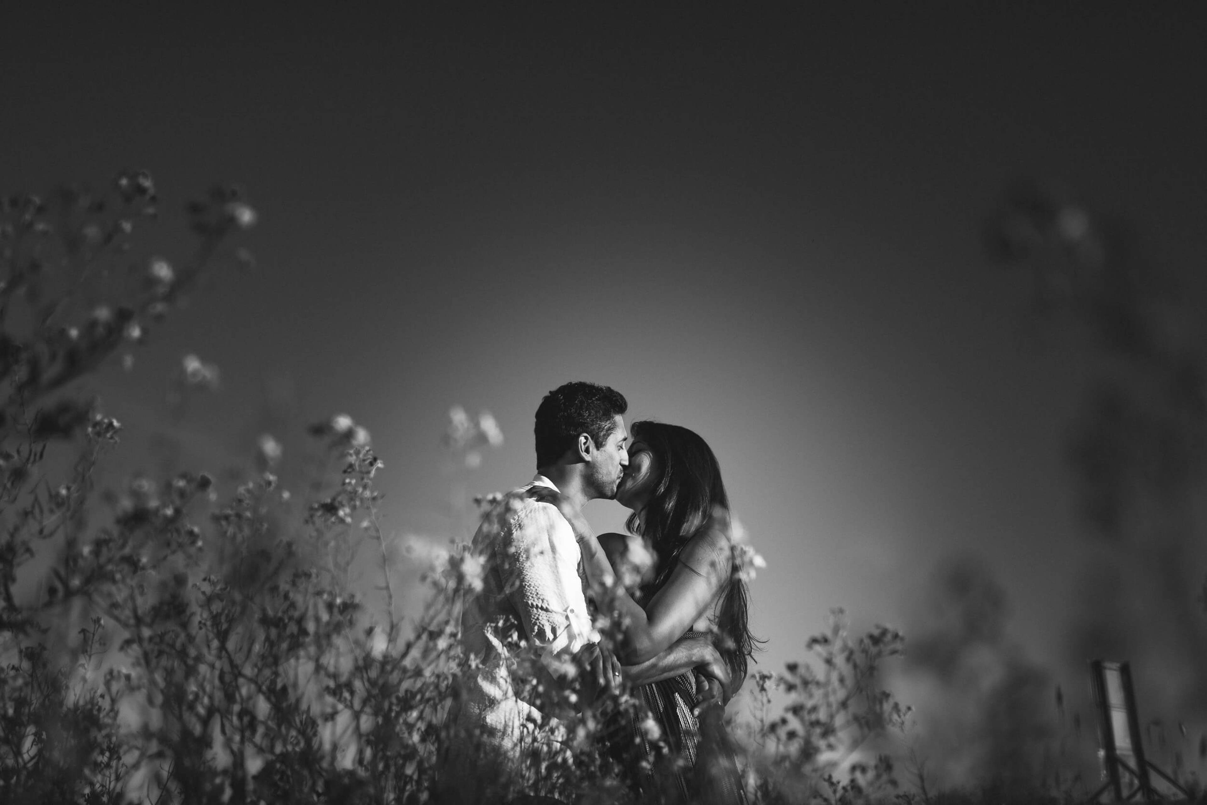 Anu and Raghu kiss among wildflowers in California, backlit by soft golden light, black and white