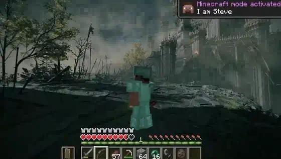 Short looping clip: a blocky Minecraft character with a diamond sword walking through a castle courtyard in Elden Ring, with the Minecraft hotbar on screen.