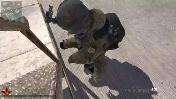 Short looping clip: a Modern Warfare 2 soldier skateboarding across the Terminal map using Skate 3's physics.