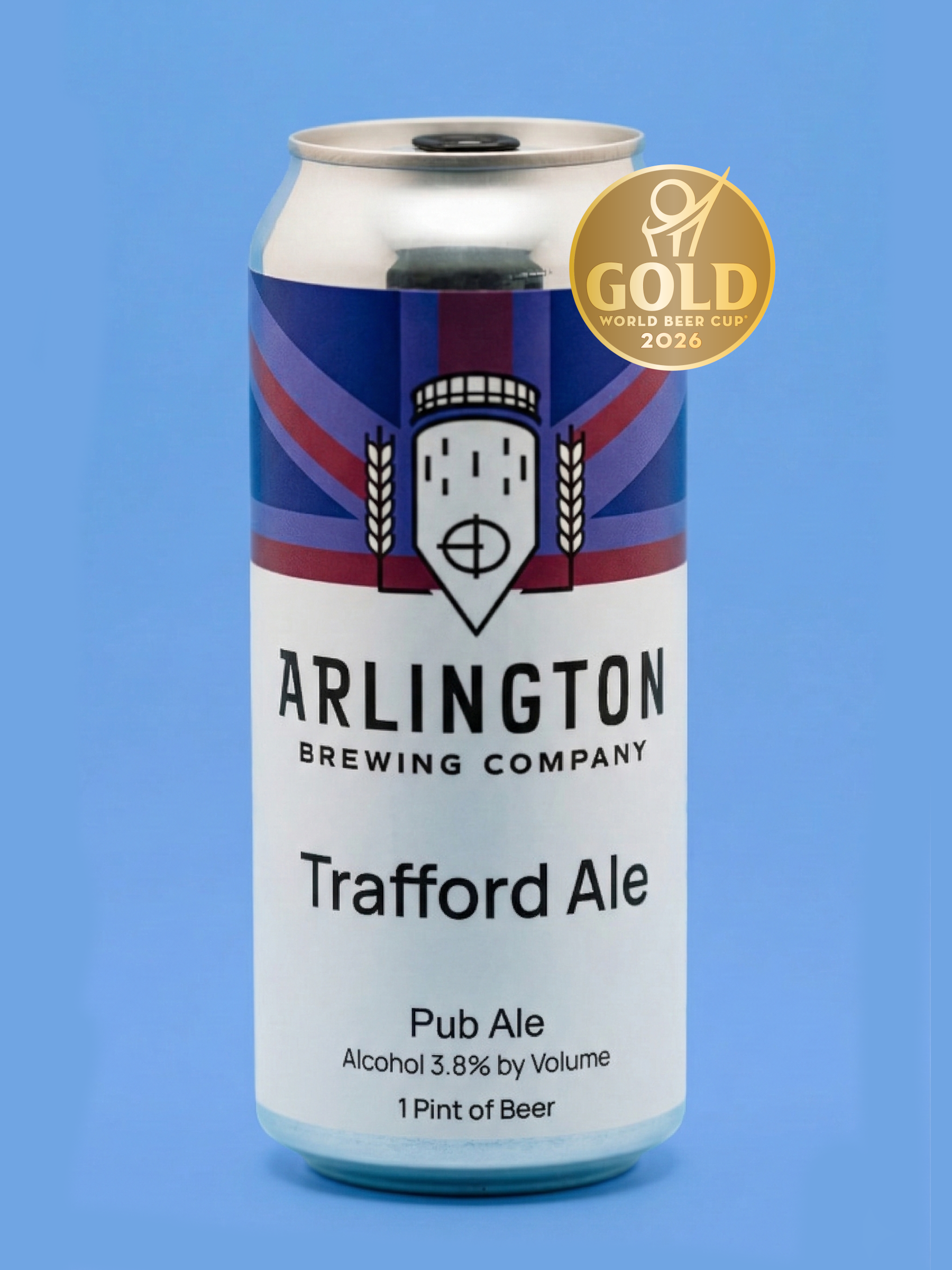 Can of Trafford with gold medal badge on a blue background