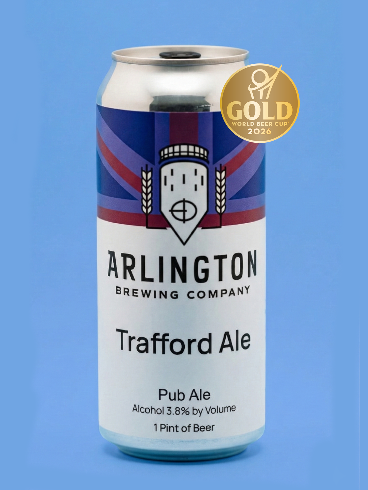 Can of Trafford with gold medal badge on a blue background