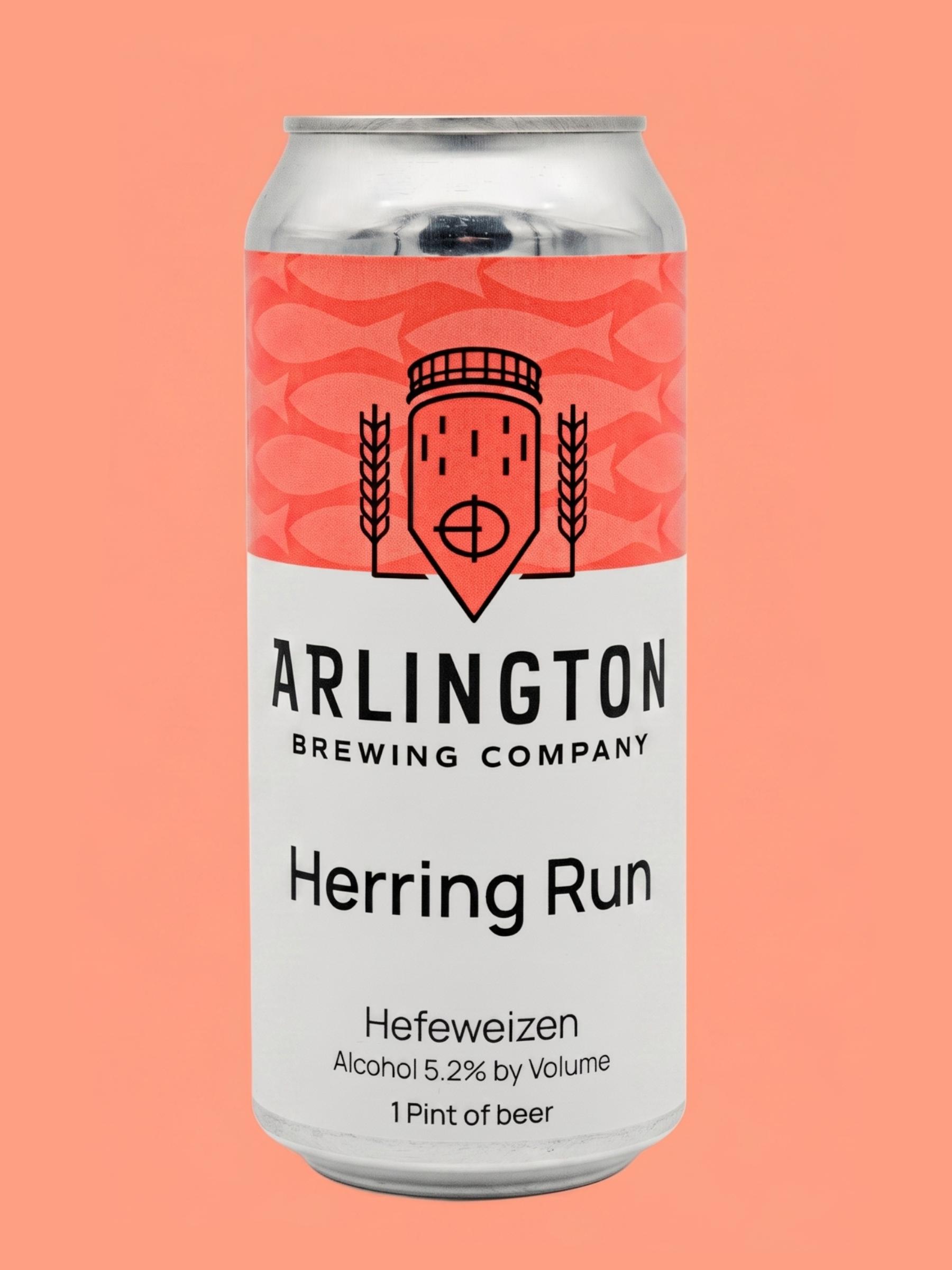 Tall glass and can of Herring Run Hefeweizen on white background