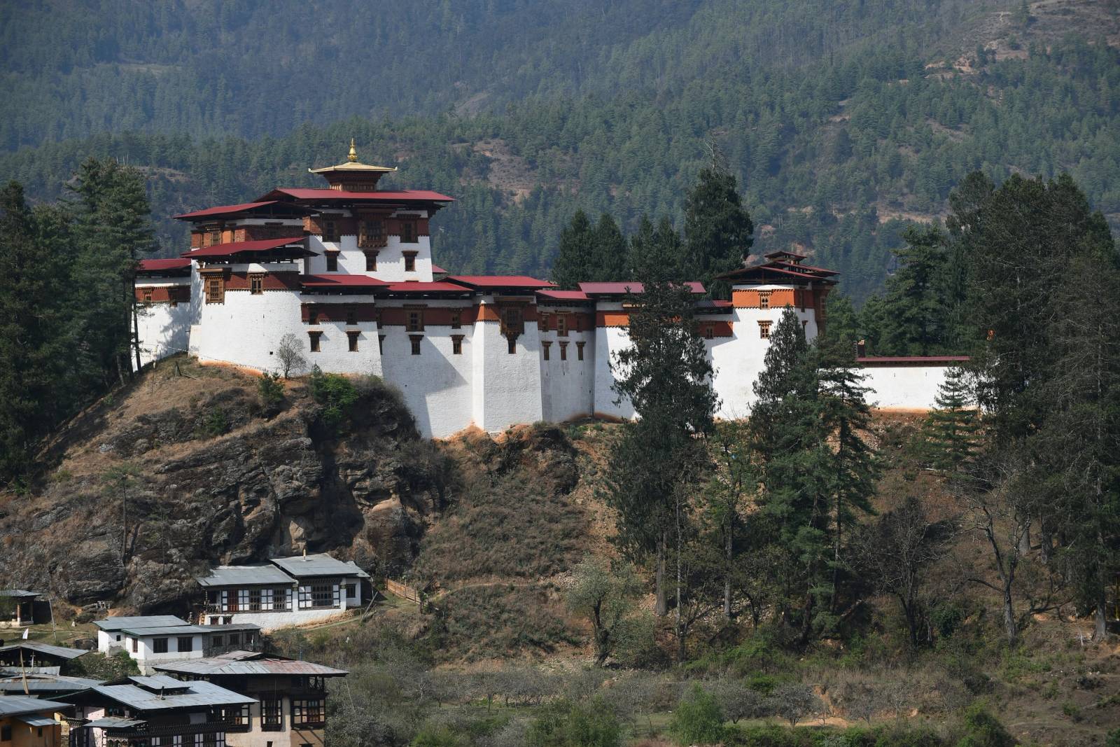 The rebuilt Drukgyel Dzong on its rocky spur above the upper Paro valley