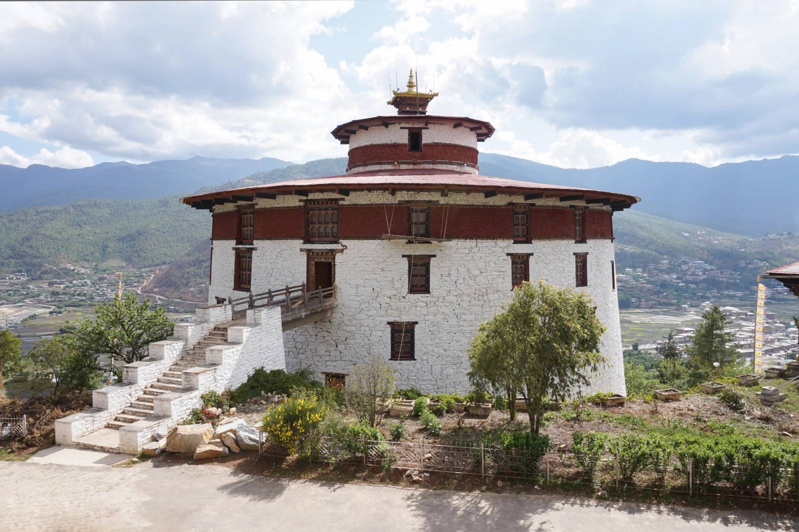 Ta Dzong, the round watchtower that houses the National Museum, above the Paro valley