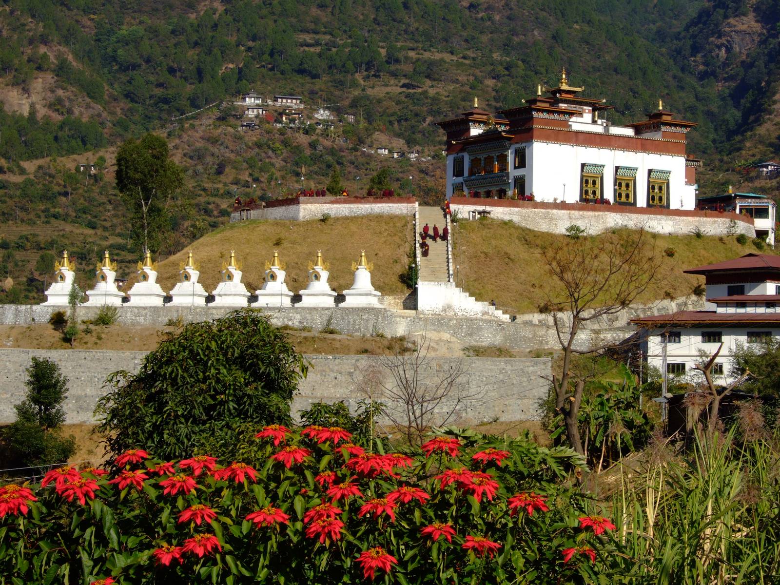 The Zangdok Pelri temple of Rangjung Woesel Choeling Monastery on its terrace above a row of white chortens