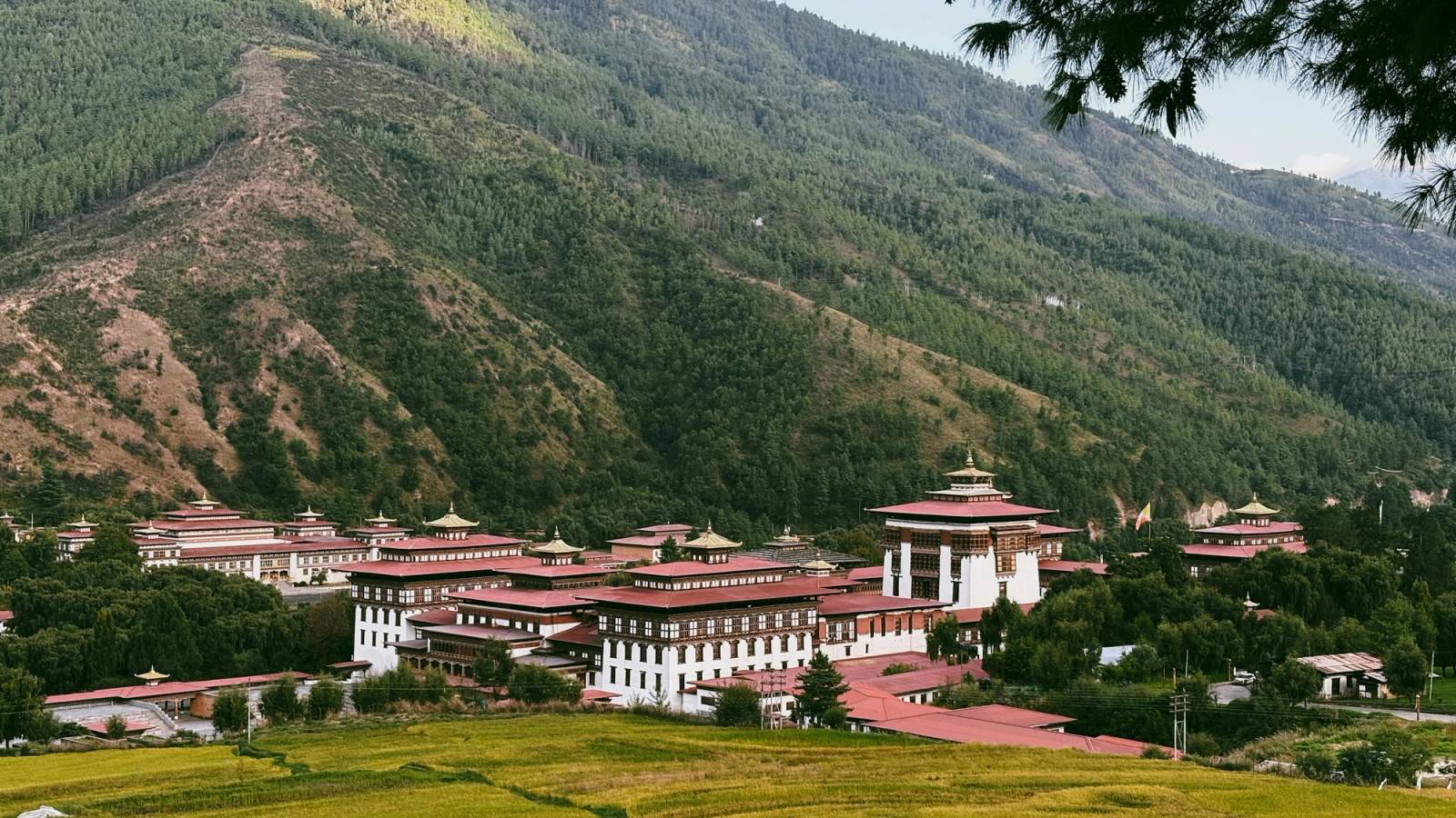 Tashichho Dzong's white walls and red roofs below the forested slopes of Thimphu
