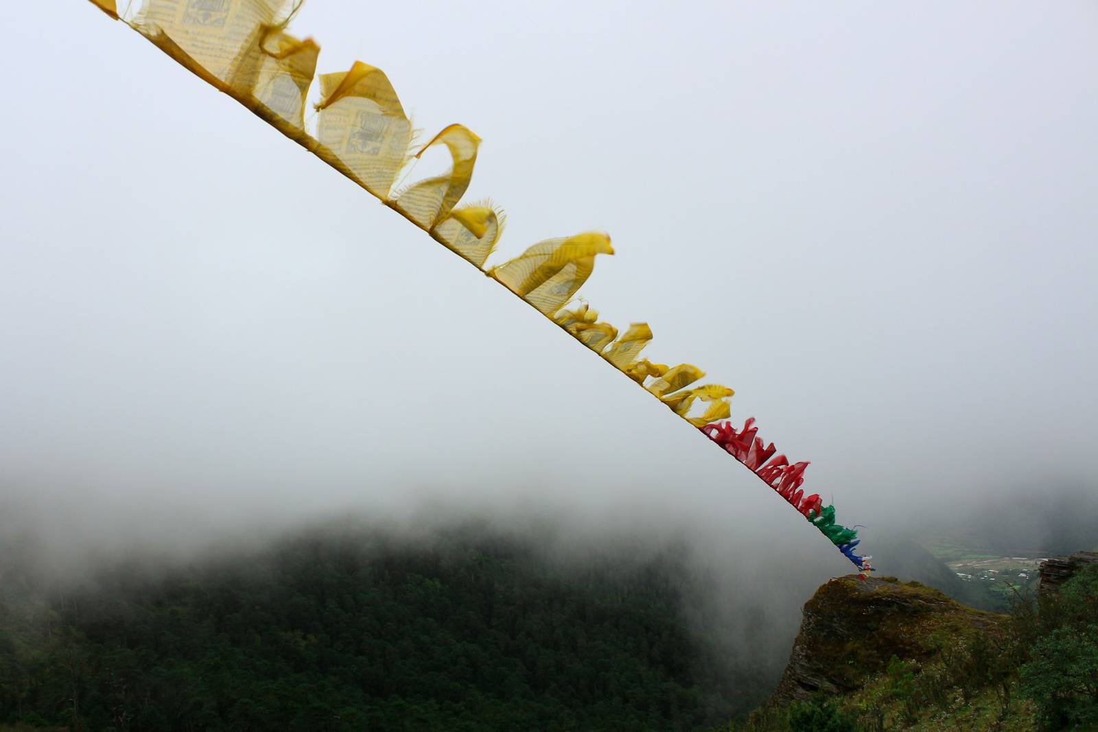A string of prayer flags stretched over a misty cliff edge above forest