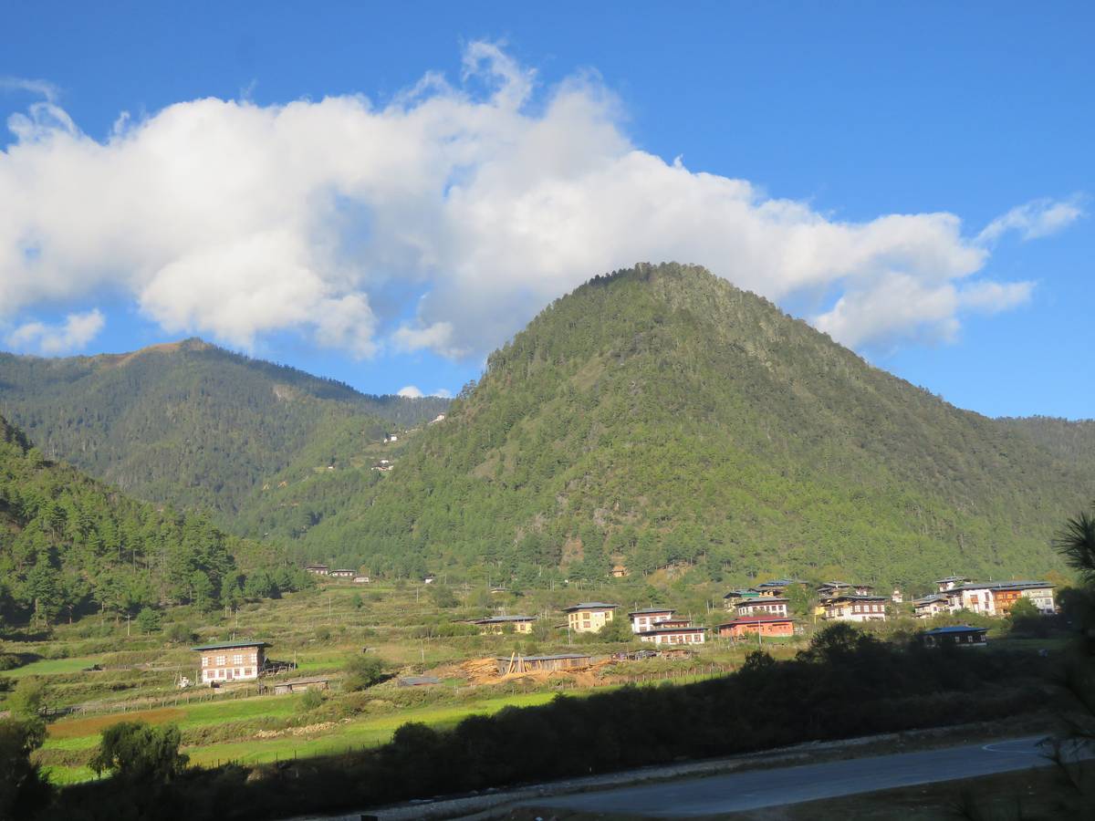 Traditional Bhutanese houses and green fields at the foot of a forested, cone-shaped hill under a blue sky with a large white cloud.