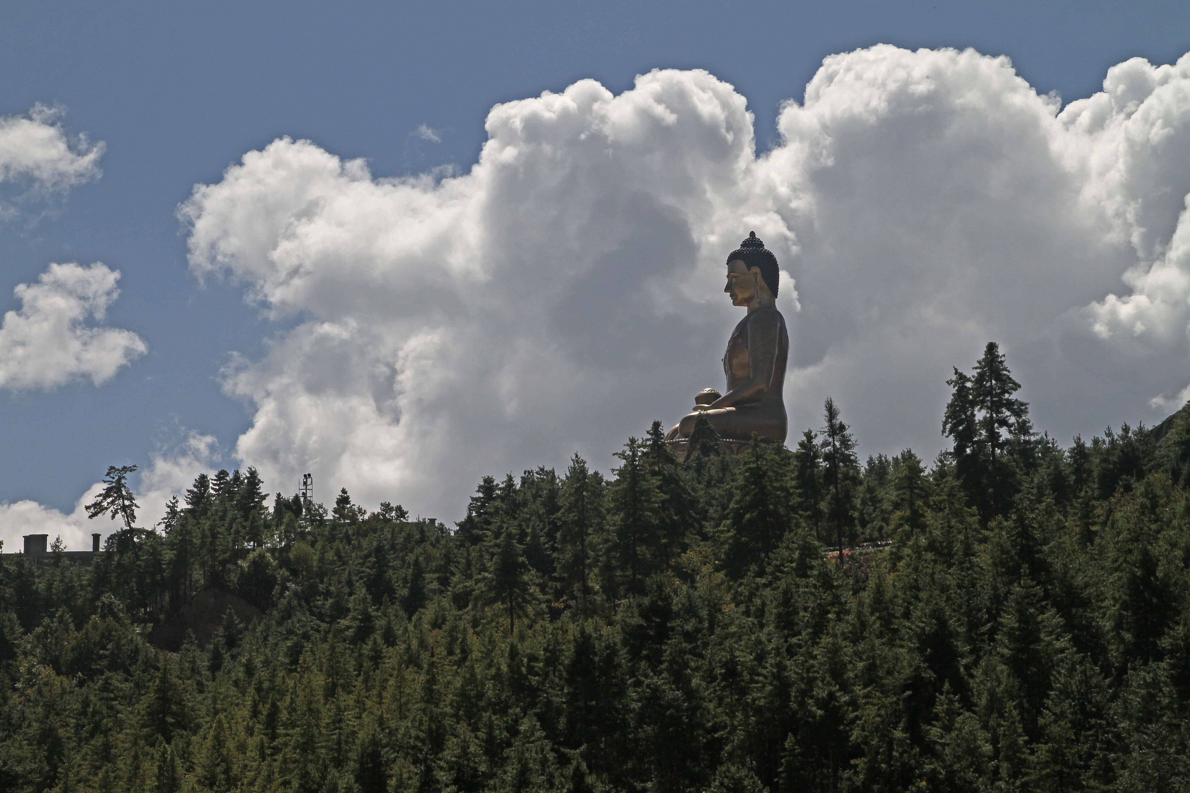 The giant bronze Buddha Dordenma statue seated on a pine-covered ridge against white clouds