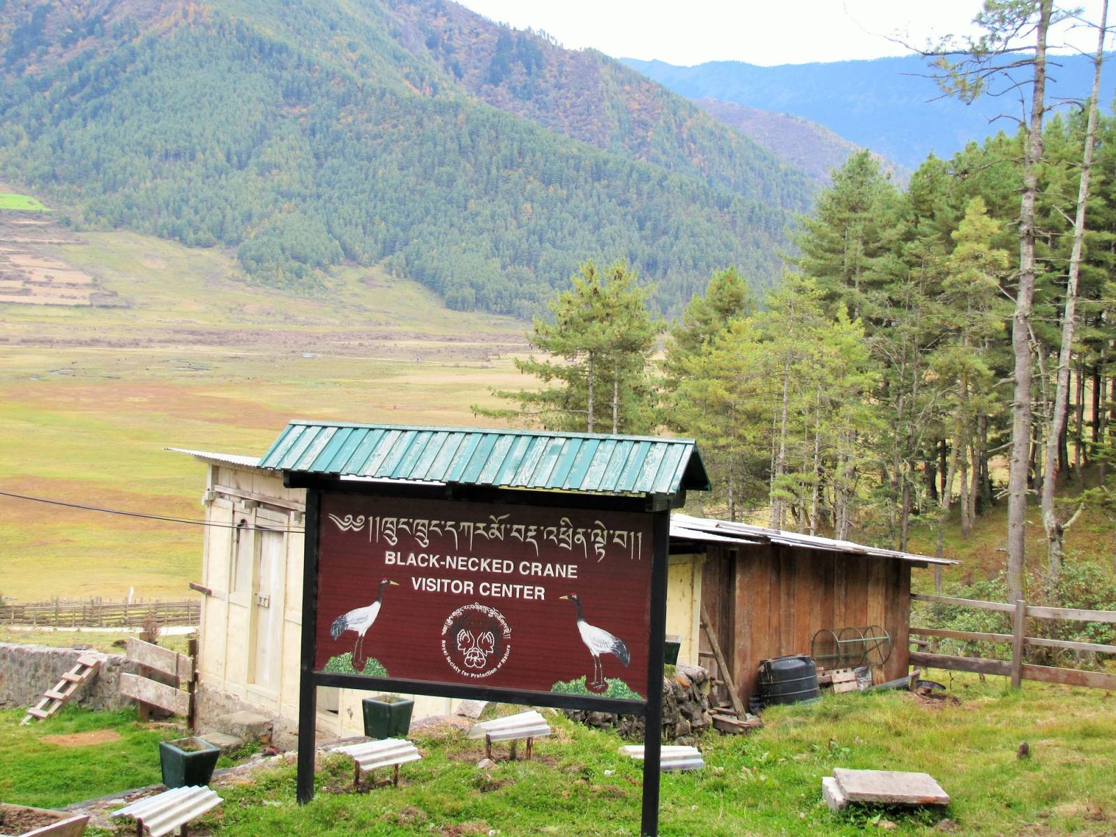The Black-necked Crane Visitor Centre sign above the Phobjikha wetland