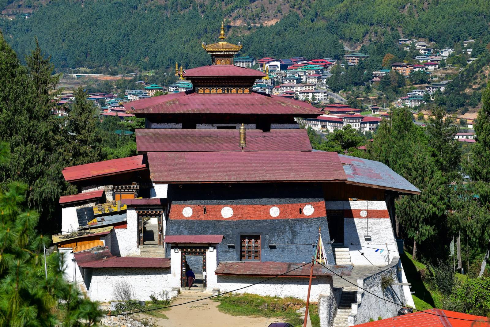 Changangkha Lhakhang seen from the west, with Thimphu spread over the hillside behind