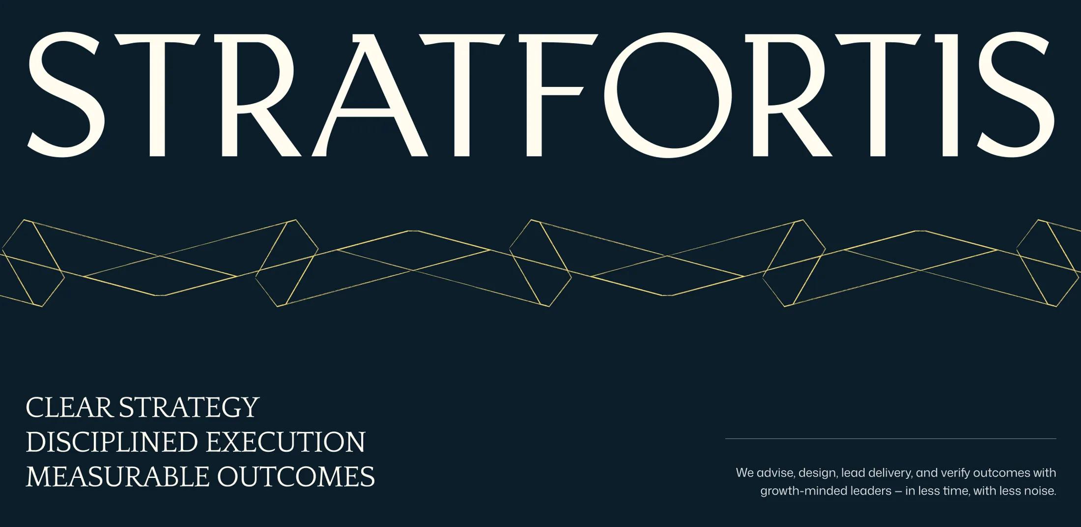 Stratfortis identity board in dark navy with geometric visual pattern