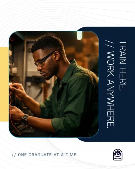 Kalvia portrait campaign with a learner at work and bold vertical typographic treatment