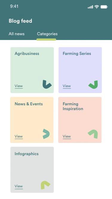 Crowdyvest blog feed with an All-news and Categories tab bar over category cards: Agribusiness, Farming Series, News & Events, Farming Inspiration and Infographics.