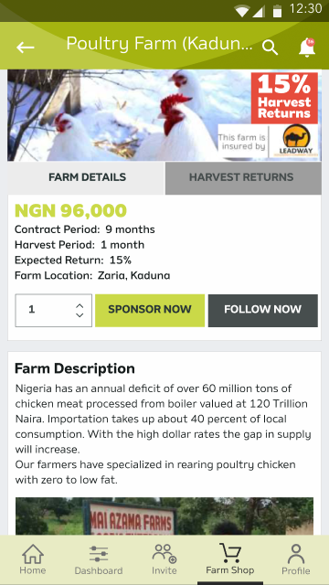 Farmcrowdy farm details screen for a poultry farm in Kaduna, on the Farm Details tab: a farm photograph carrying a harvest-returns flag and an insurer badge, then the price per unit, contract period, harvest period, expected return and farm location, a unit-count stepper beside Sponsor Now and Follow Now actions, and a Farm Description section above the bottom navigation.