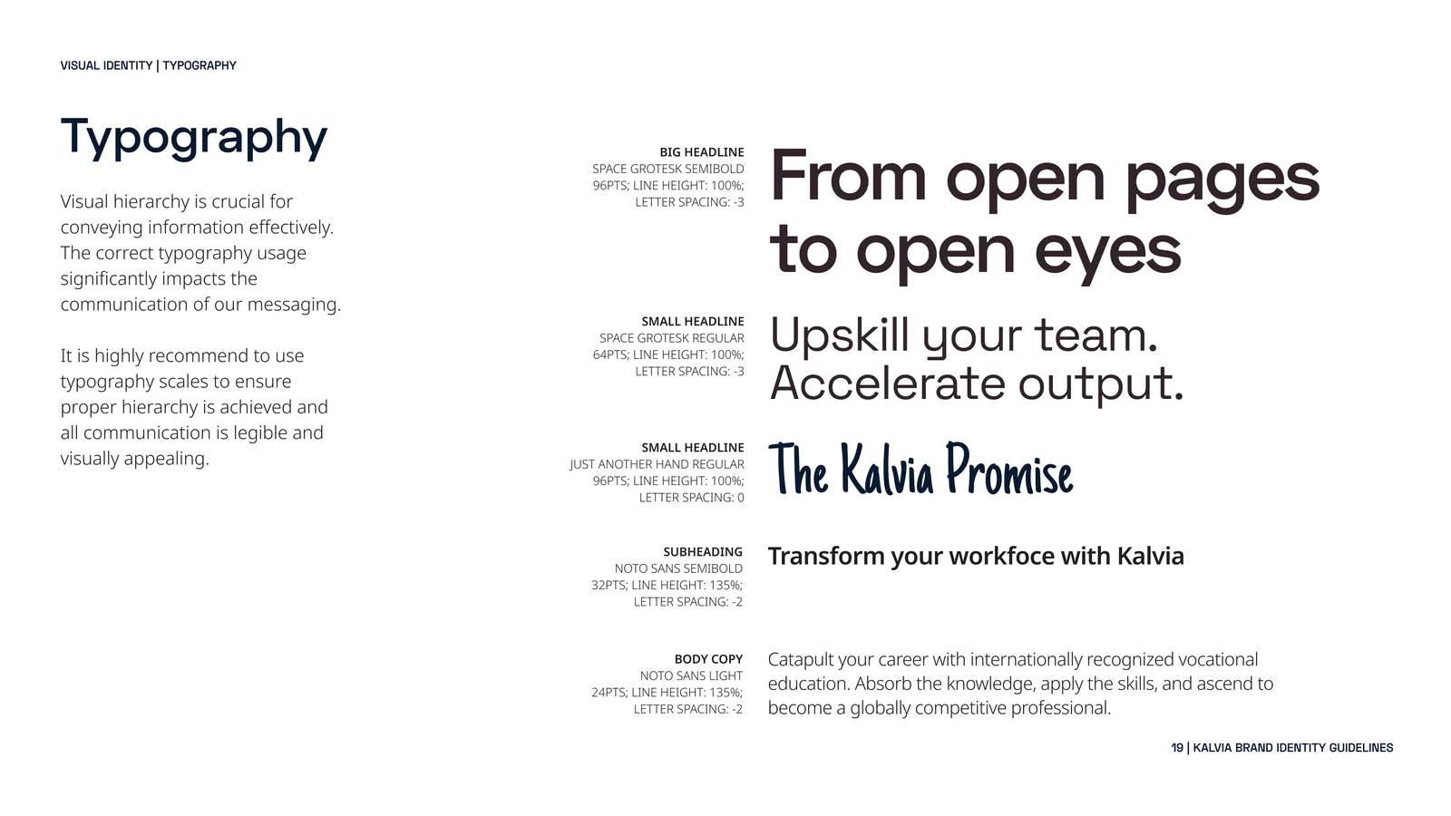 Kalvia typographic hierarchy from big headline to body copy, mixing Space Grotesk, Noto Sans and a script accent.