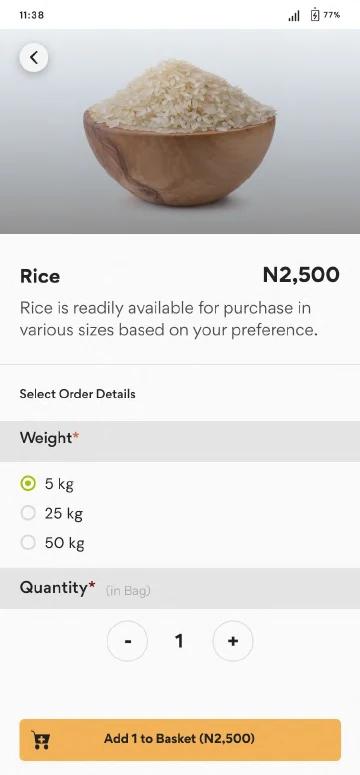 Farmcrowdy Foods rice product page showing price, selectable weights, a quantity control and an add-to-basket action.