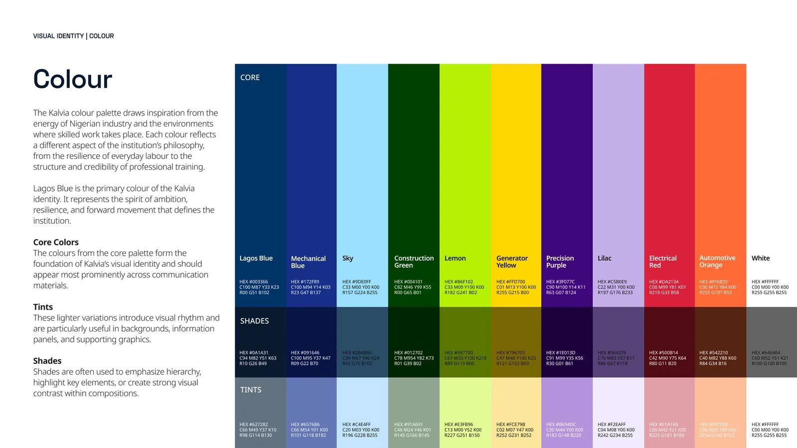 The Kalvia colour system: core trade-coded colours with tints and shades and their hex values.