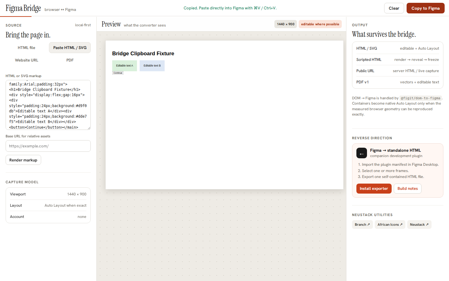 Real Figma Bridge browser preview with two test cards, source markup and a success message saying copied, paste directly into Figma.