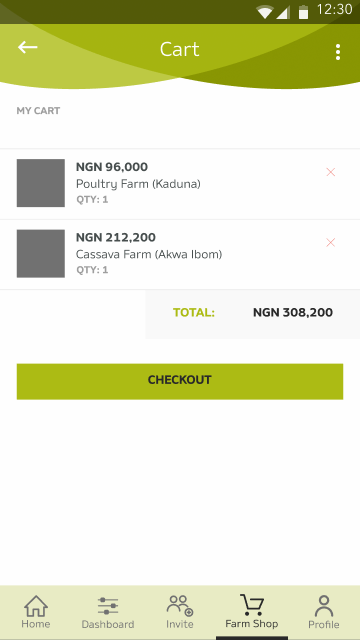 Farmcrowdy Cart screen under a My Cart heading, listing two selected farm sponsorships — a poultry farm and a cassava farm — each with a price, quantity and remove control, a Total row, and a full-width Checkout action above the bottom navigation.