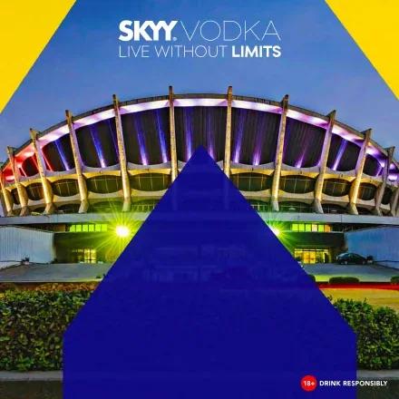 SKYY event creative with blue geometric shapes