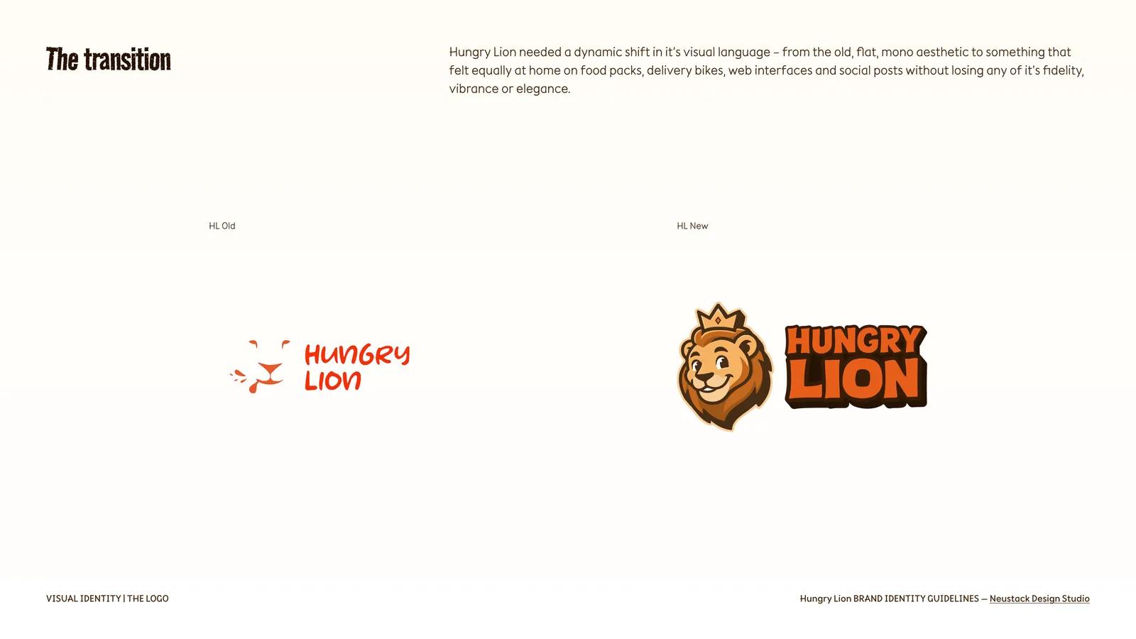 Side-by-side comparison of the old flat Hungry Lion logo and the redrawn mascot and wordmark.