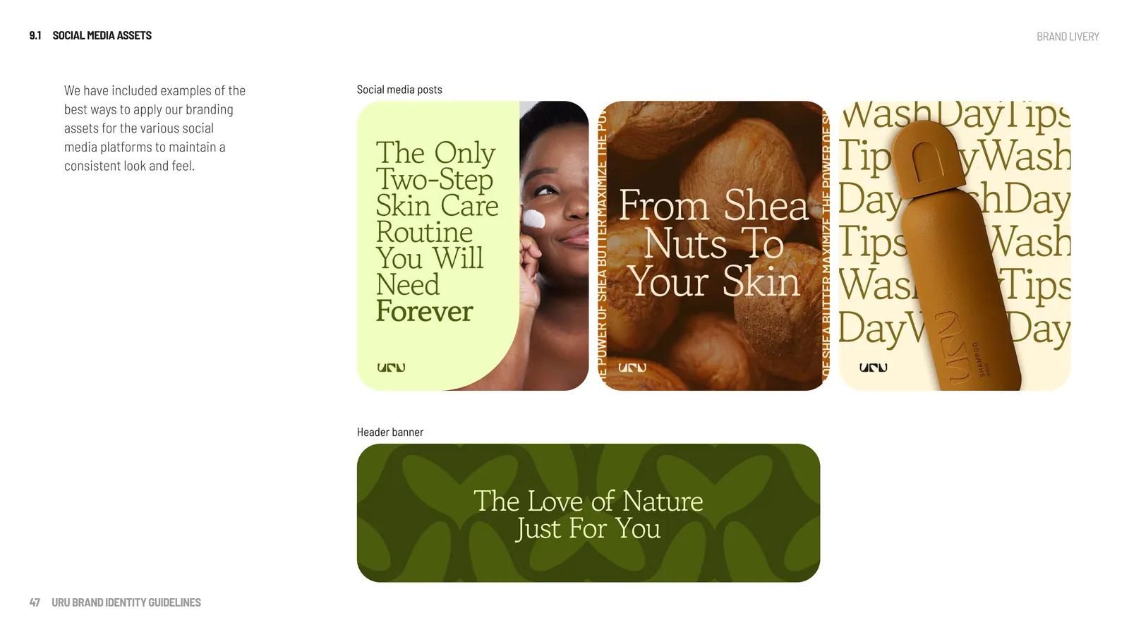 URU social media assets: feed posts, stories and highlight covers using the brand pattern and palette.