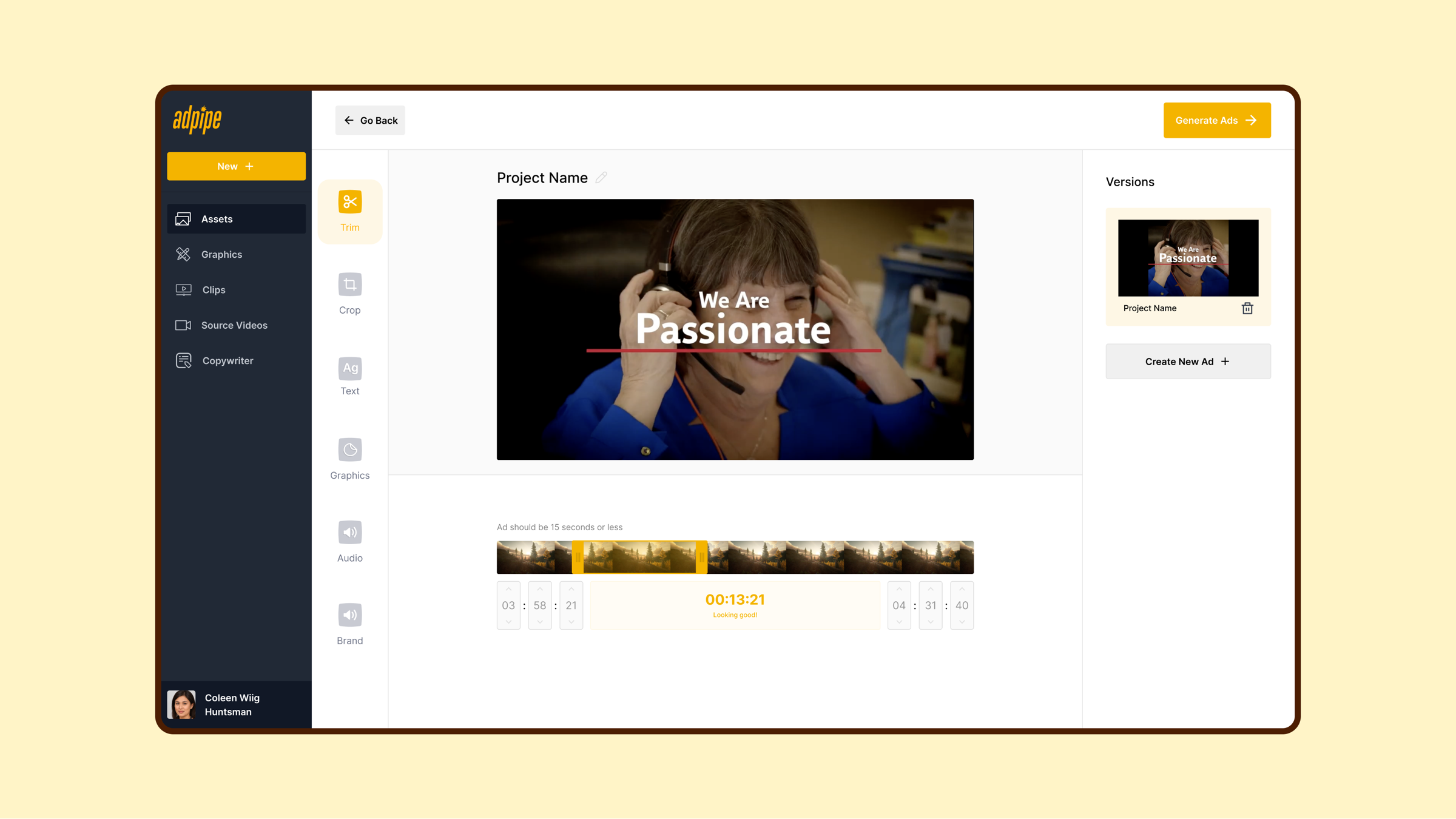 The AdPipe creation workspace, showing the video being worked on together with its editing controls and supporting assets in one view.