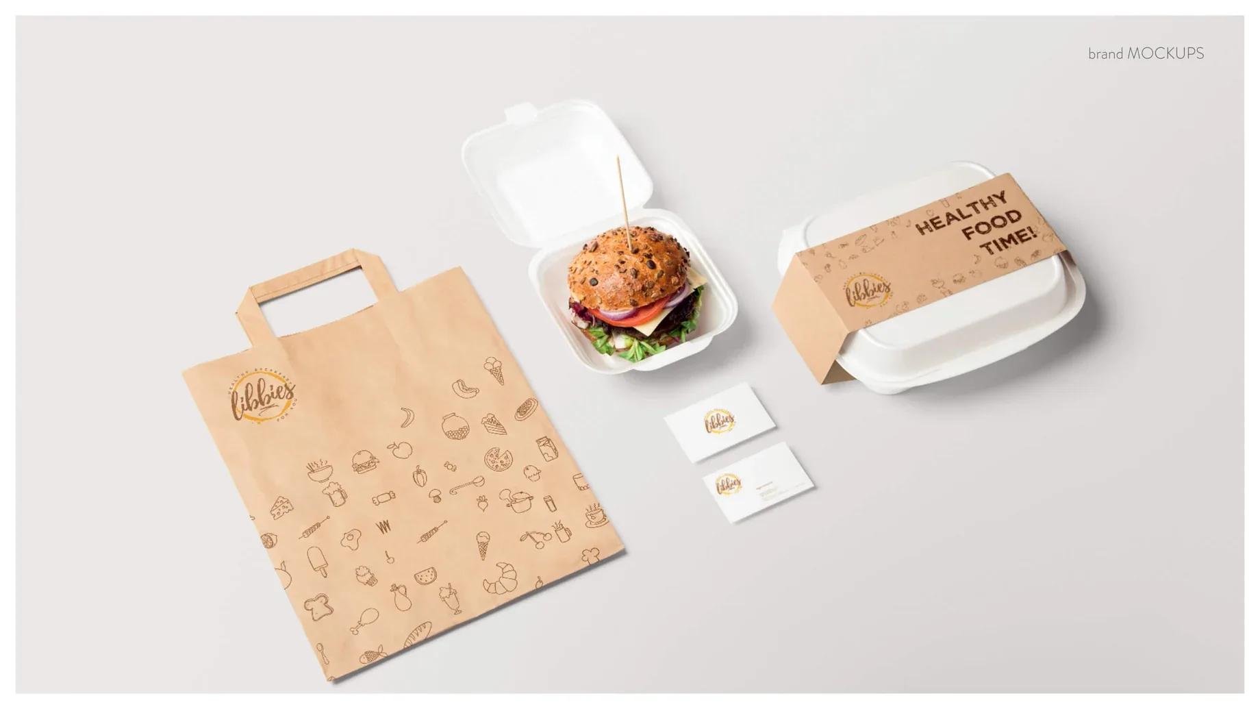 Libbies identity applied to a takeaway bag and meal packs