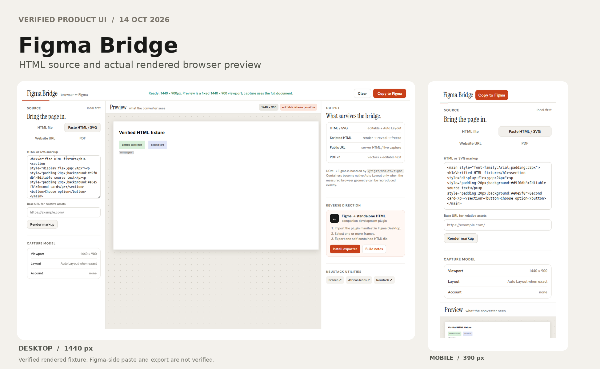 Figma Bridge source and preview captured in production at desktop and mobile widths