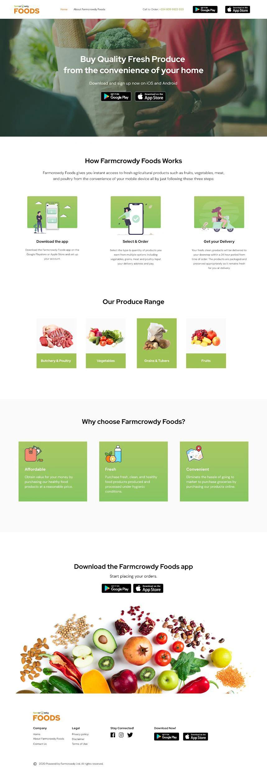 Full Farmcrowdy Foods landing page: hero, food categories, an explanation of how the service works and prompts to order through the app or by phone.