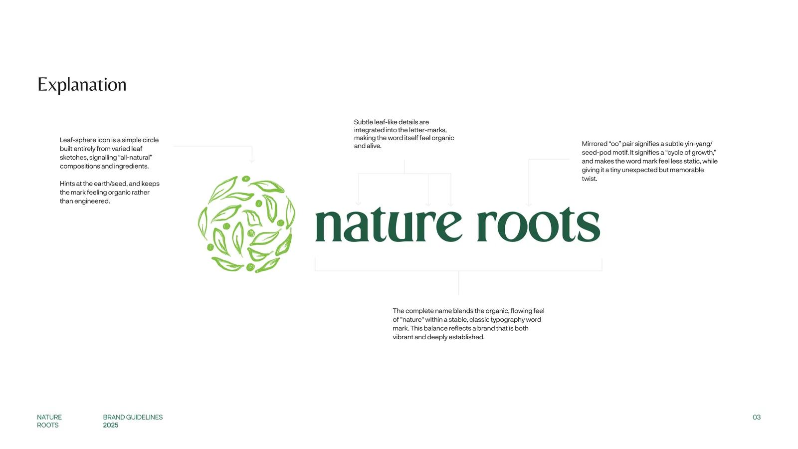 Annotated breakdown of the Nature Roots wordmark showing the leaf details and the mirrored double-o motif.