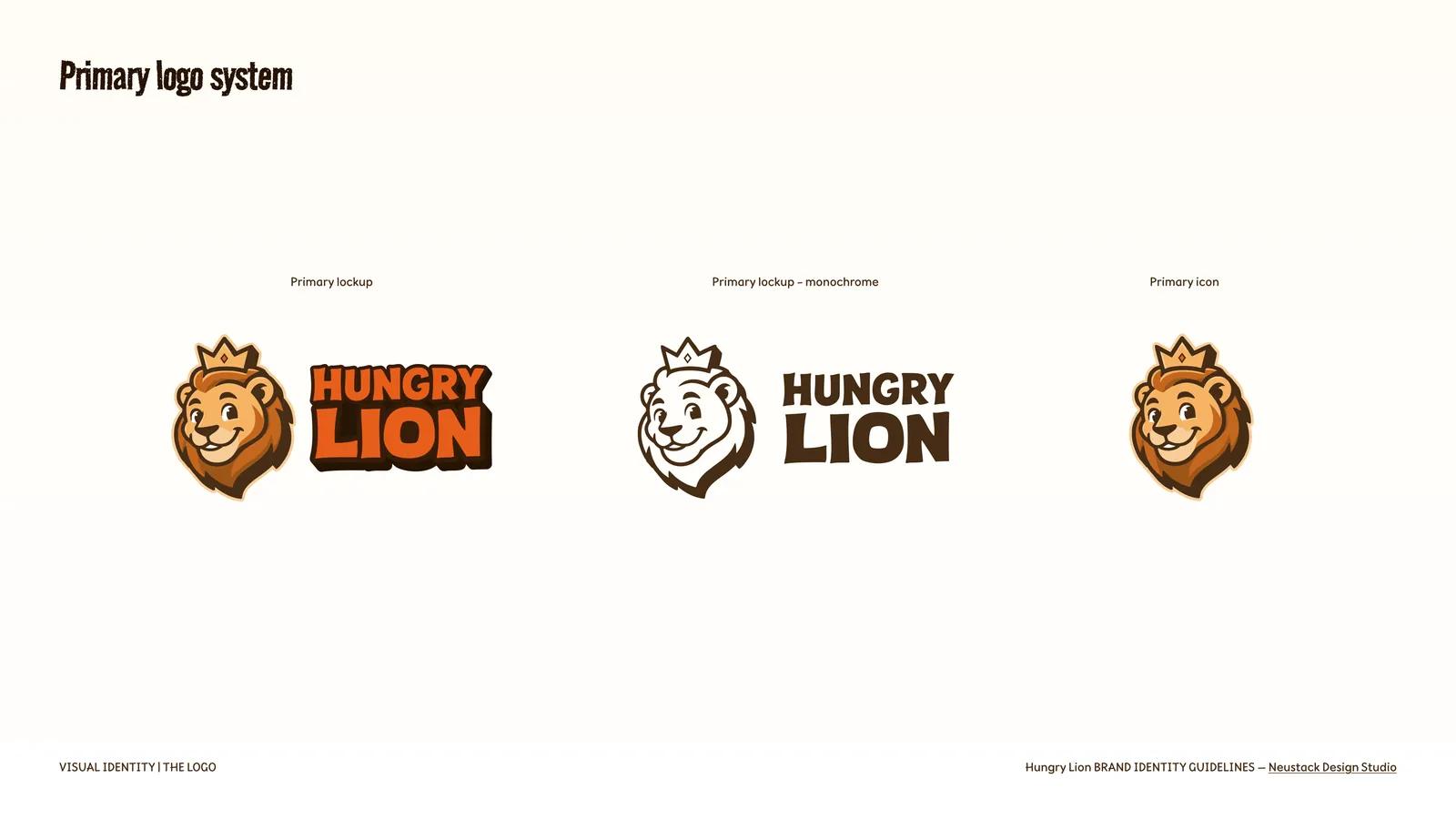 Primary Hungry Lion logo system: full-colour lockup, monochrome lockup and standalone mascot icon.