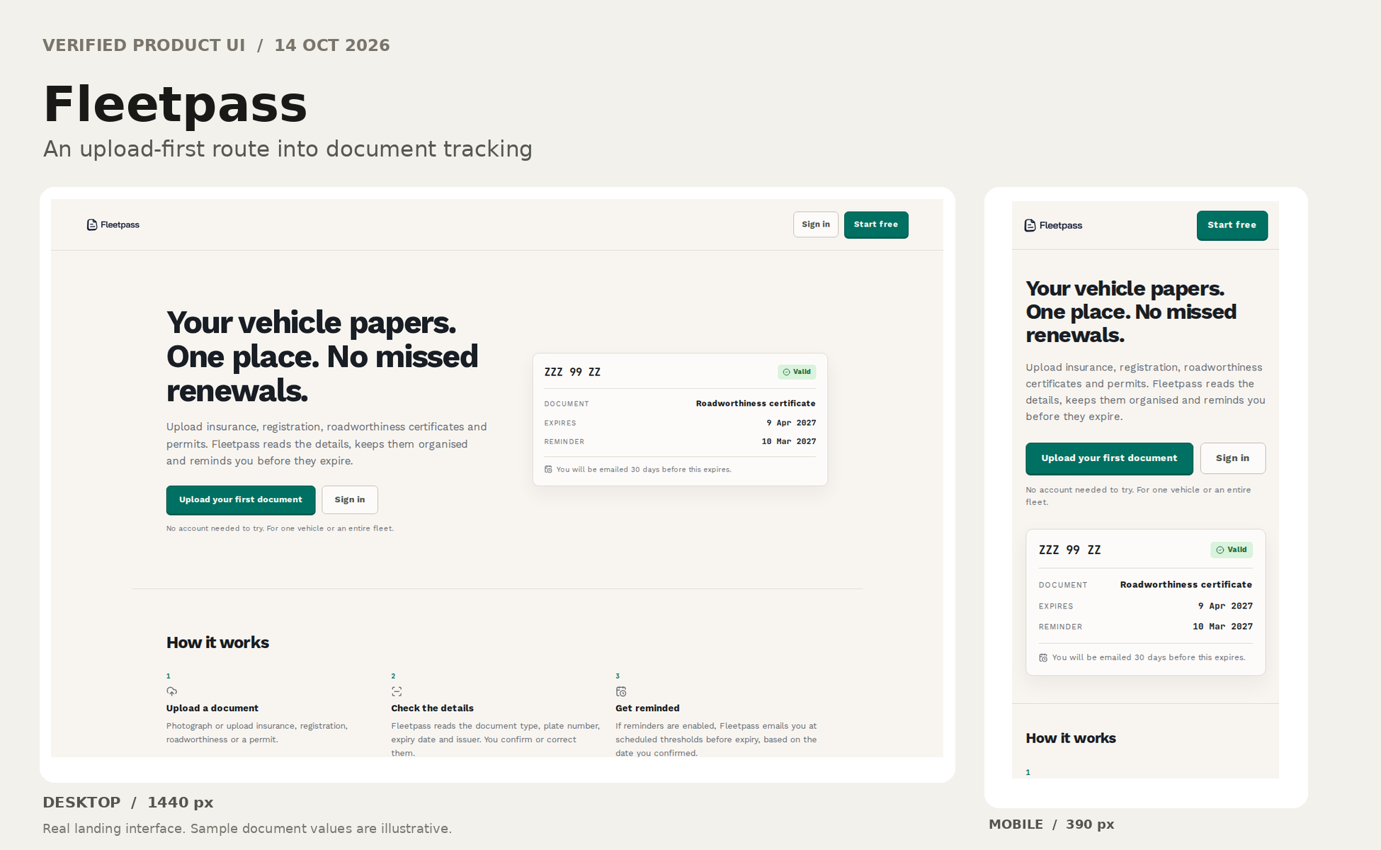 Fleetpass responsive evidence board with genuine desktop and mobile website captures